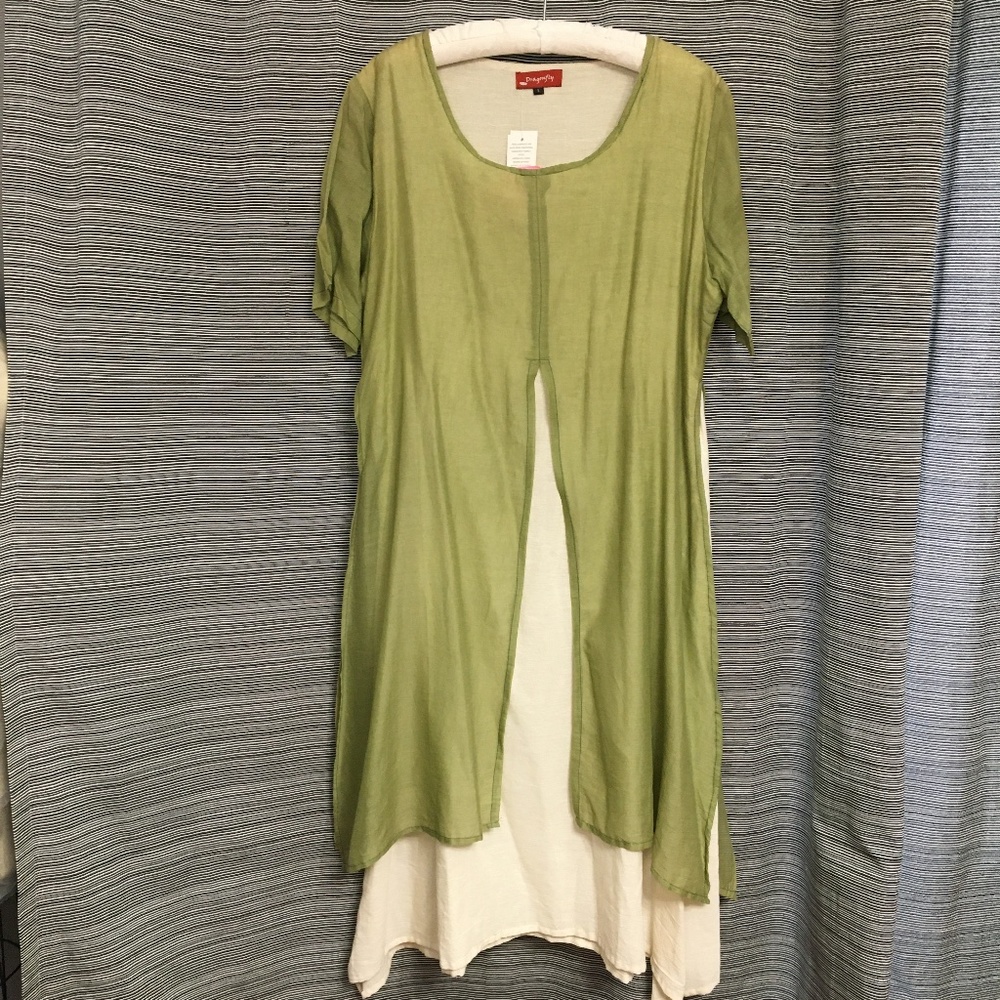 Dragonfly Short Sleeve Cotton Dress with Overlay in Green & Cream Size Large